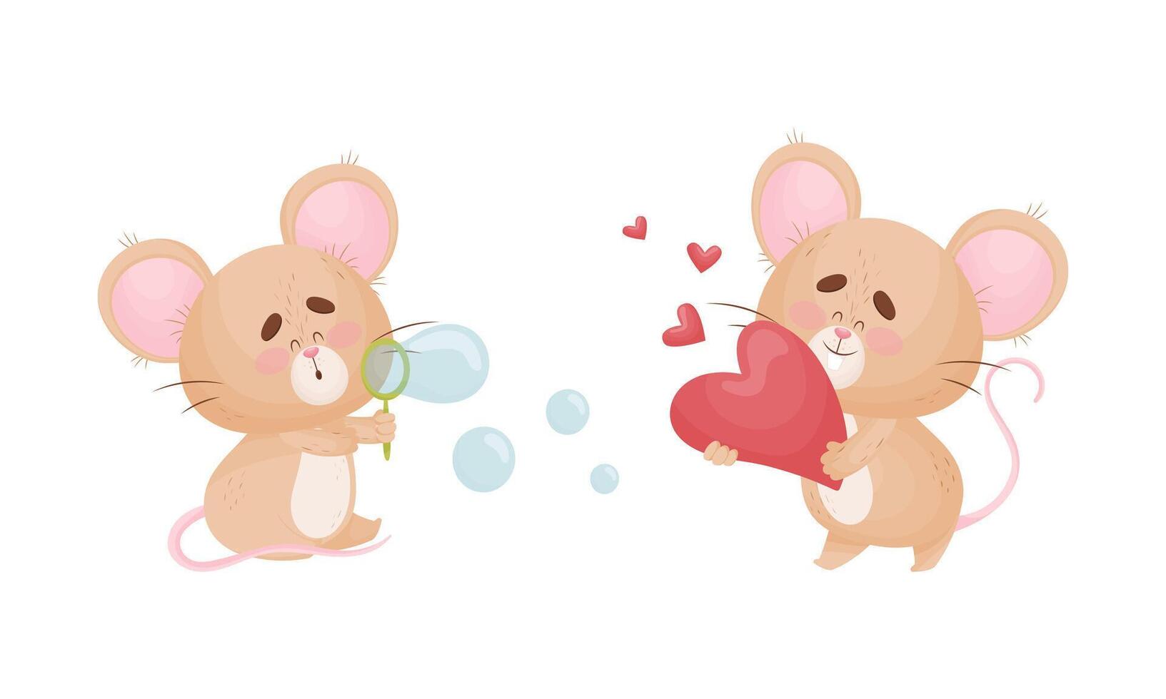 Cute Mouse Character as Small Rodent Blowing Bubbles and Holding Red Heart Set vector