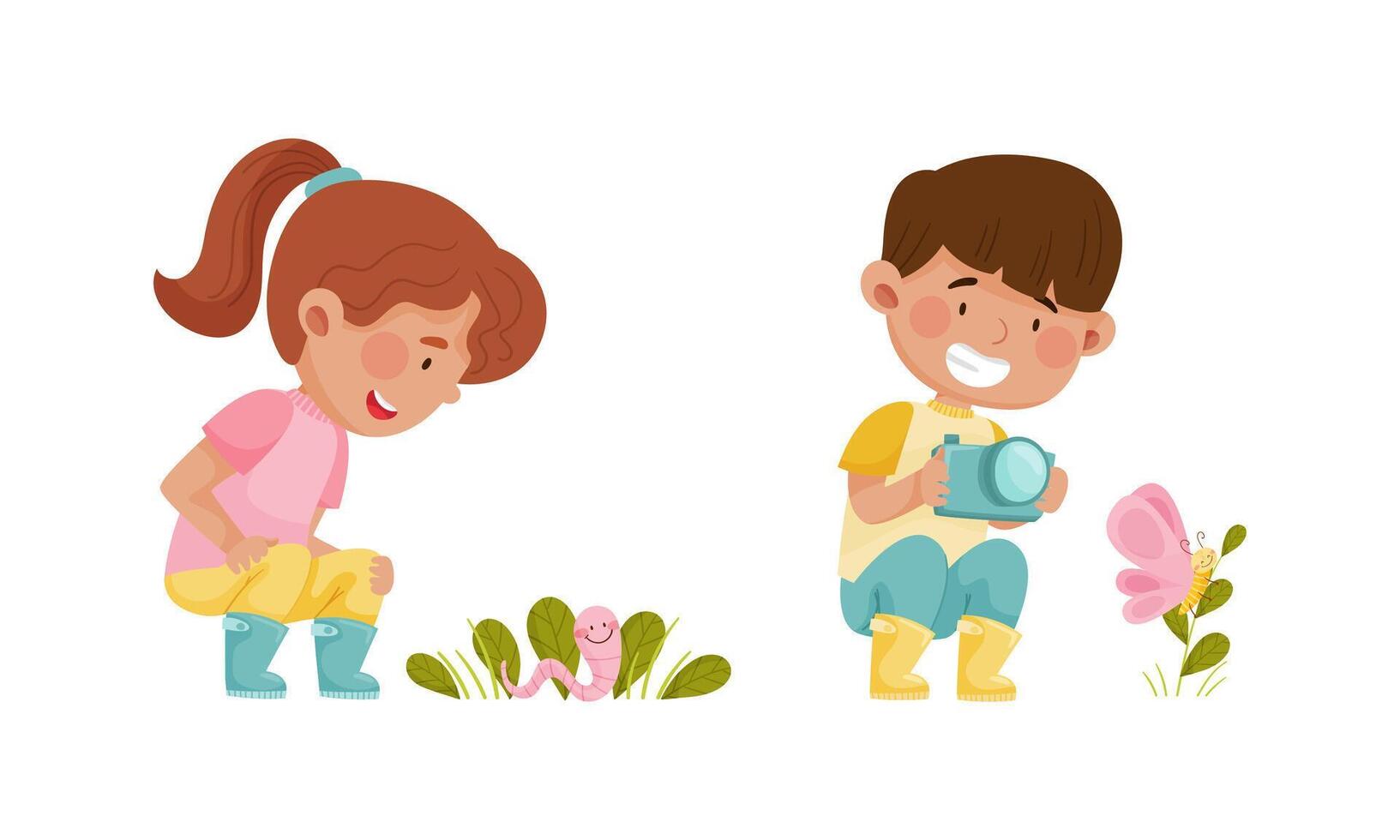 Cute boy and girl exploring insects in nature cartoon illustration vector
