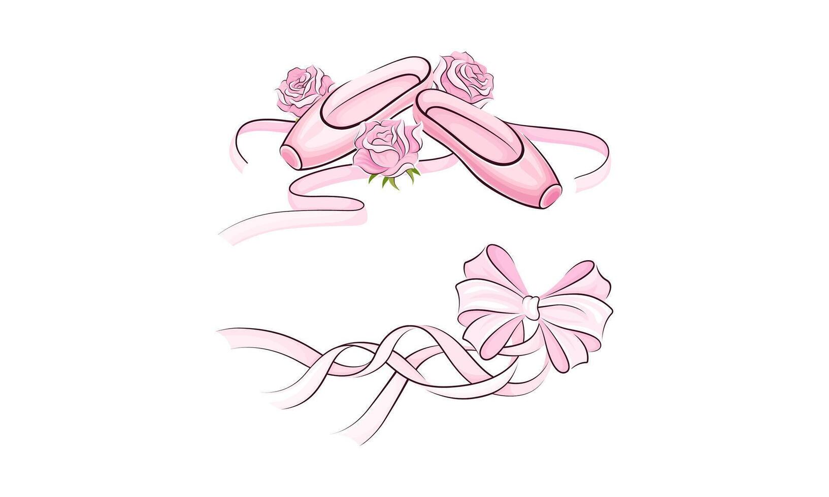 Ballerina pink accessories set. Pointes and bow hand drawn illustration vector