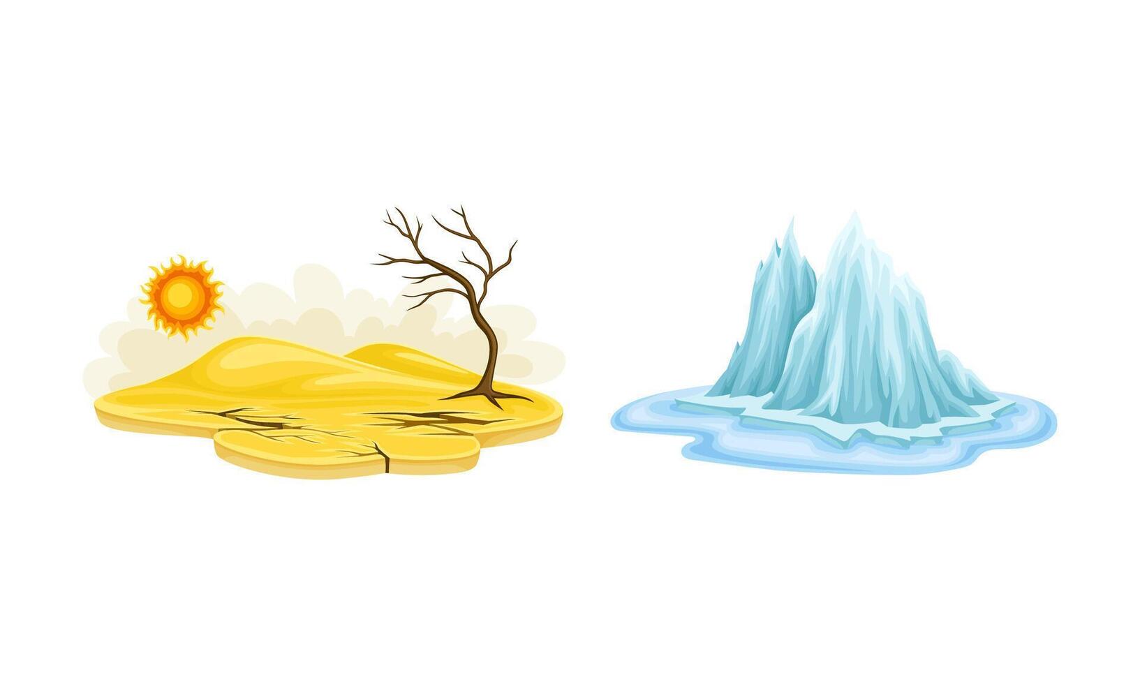 Natural disasters set. Drought and melting of glaciers cartoon illustration vector