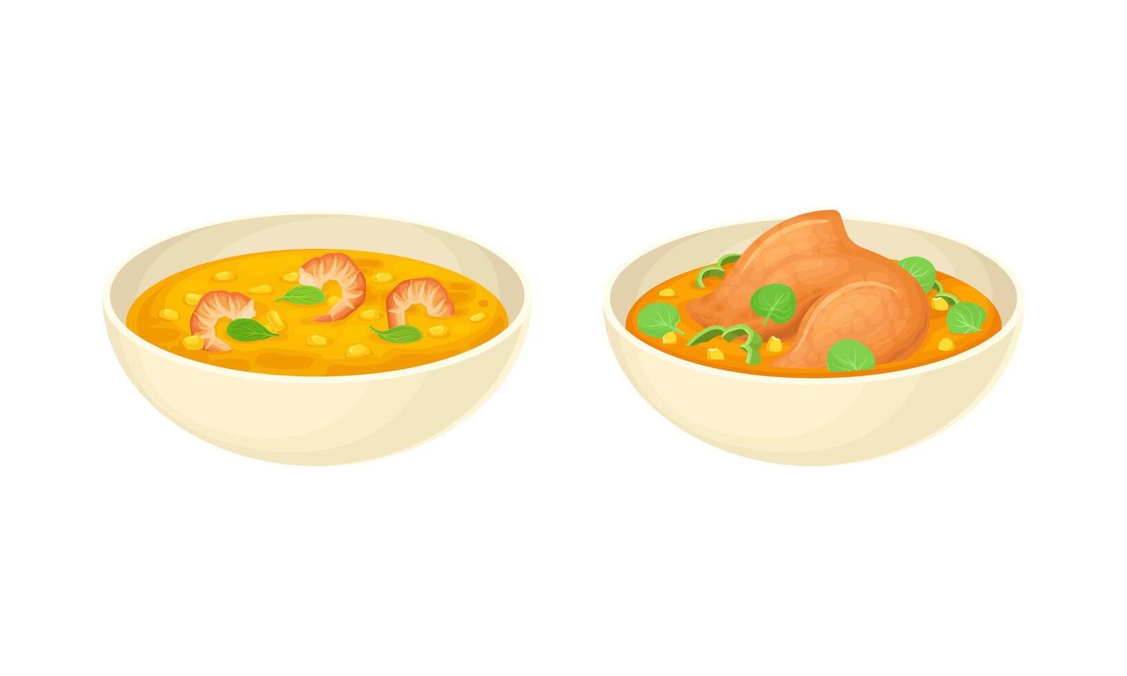 Served on Plate Dish with Chicken Broth and Vegetable Corn Soup with Shrimp Set vector