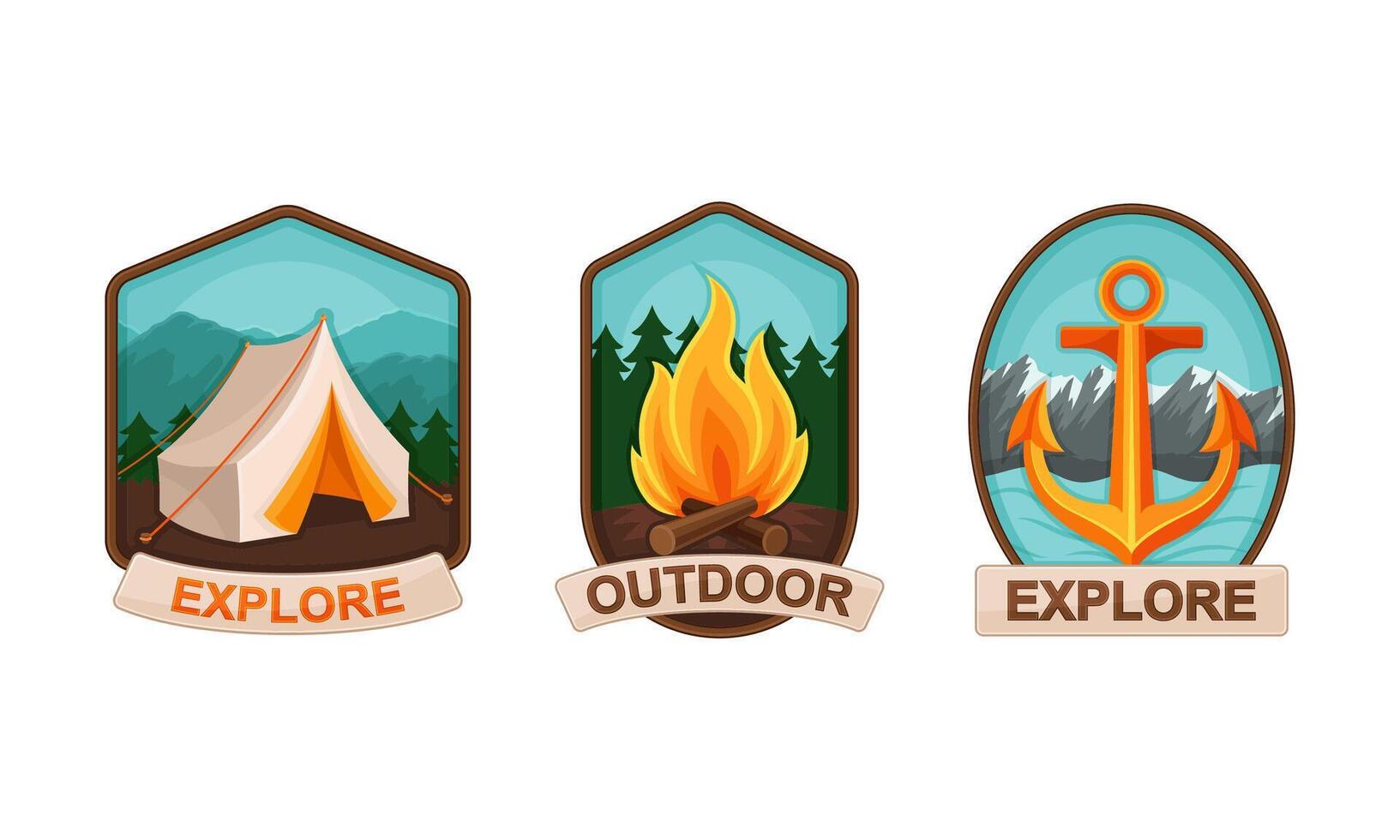 Camping and Outdoor Exploration Badge with Anchor and Campfire Set vector