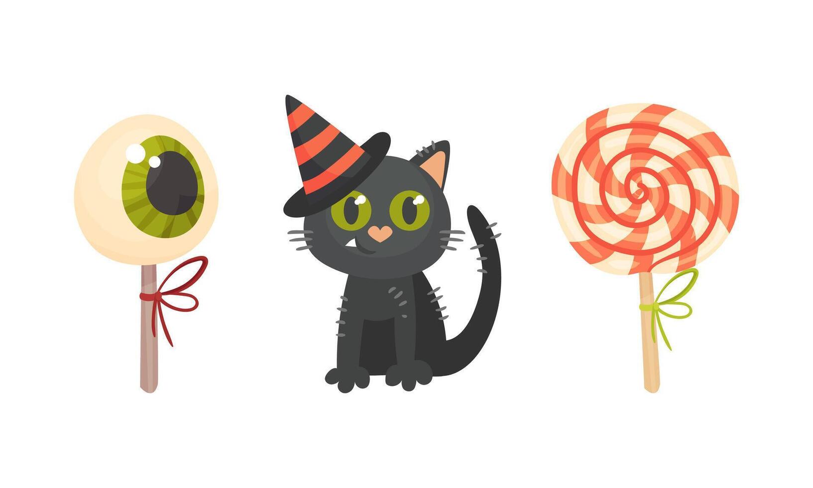 Treat and Candy on Stick and Black Cat as Halloween Holiday Symbol Set vector