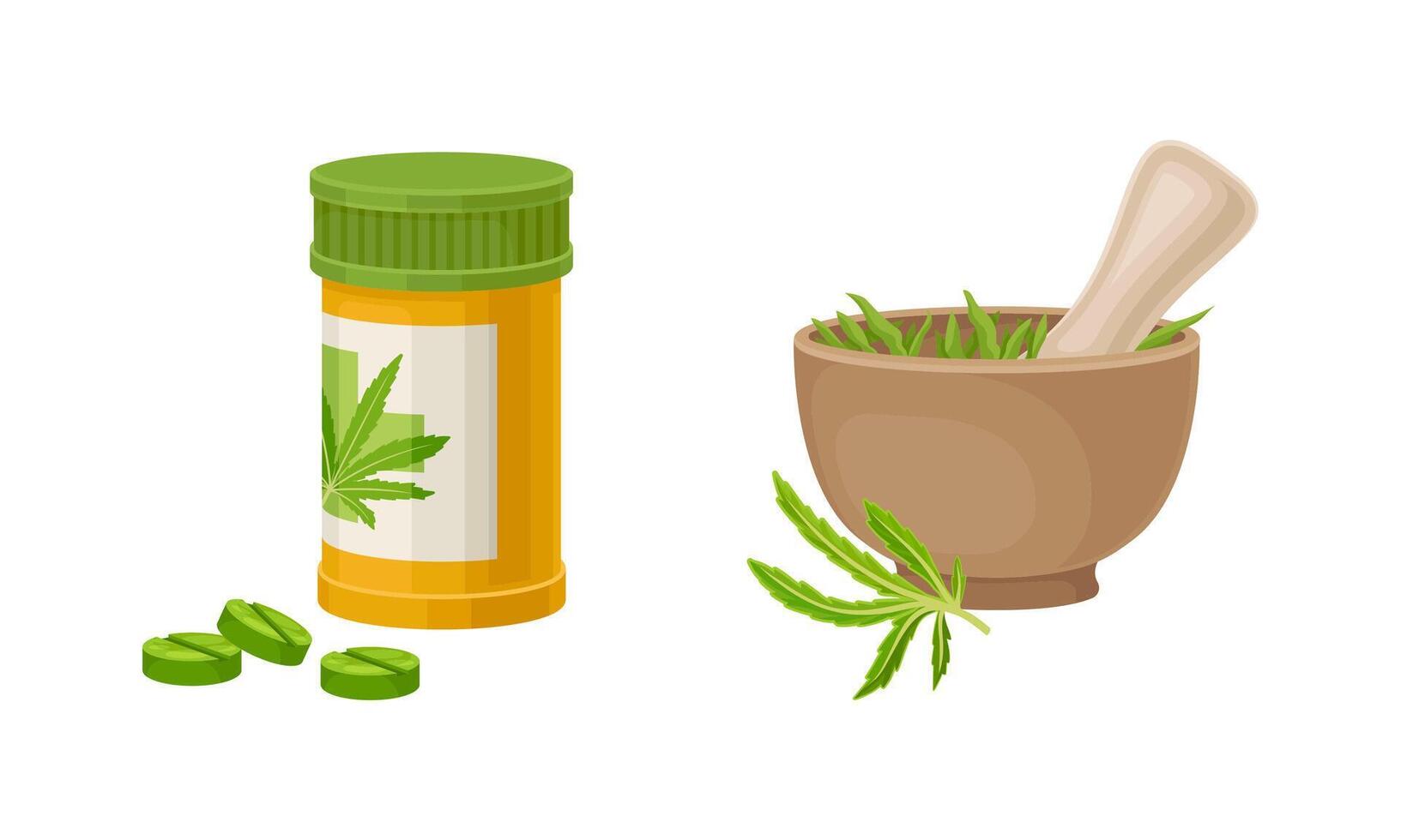 Cannabis Tablet in Bottle and Pestle Grounding Plant in Mortar Set vector