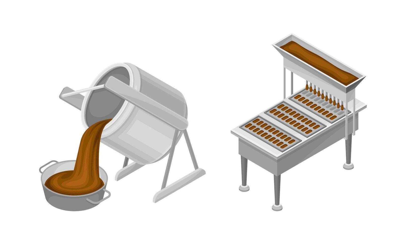 Chocolate production equipment set. Sweets processing machines illustration vector