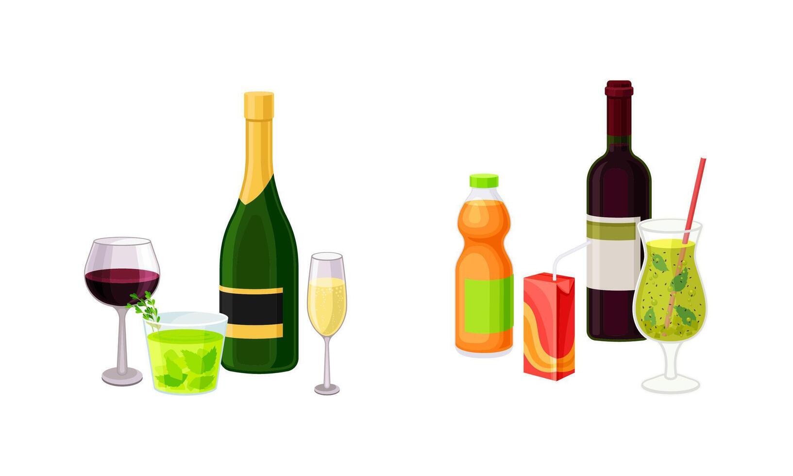 Wine and Sparkling Soda Water in Bottle and Cocktail Glass as Harmful Drink Set vector