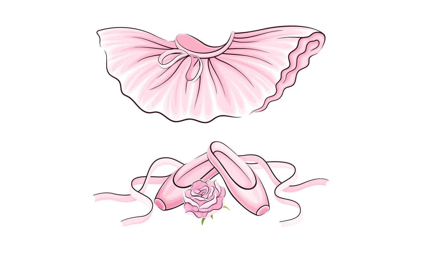 Ballerina accessories set. Pink pointes and ballet skirt hand drawn illustration vector