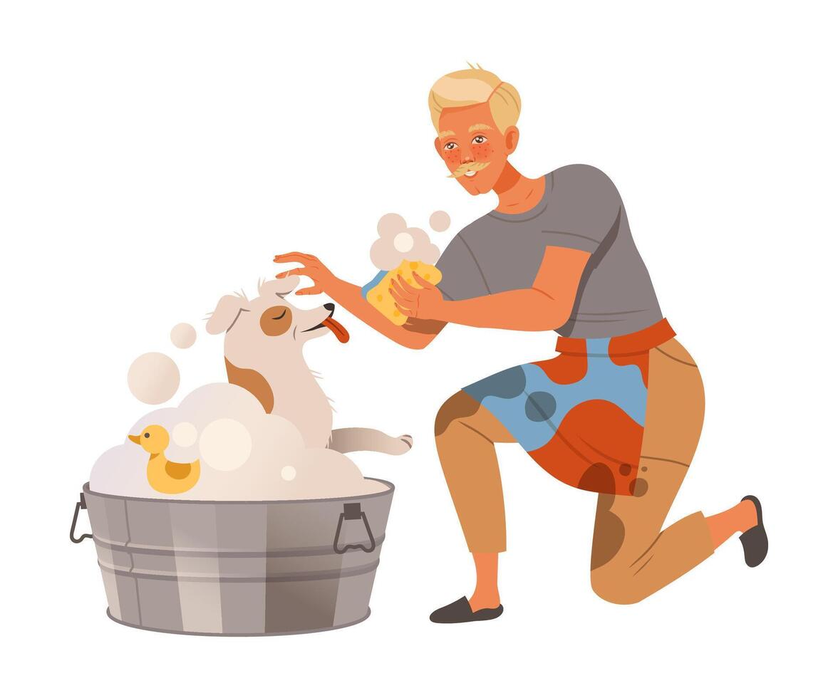 Man washing dog in basin. Househusband at daily routine cartoon illustration vector