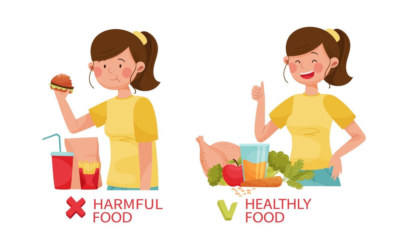 Bad and good habits for diabetes. Harmful and healthy food illustration vector