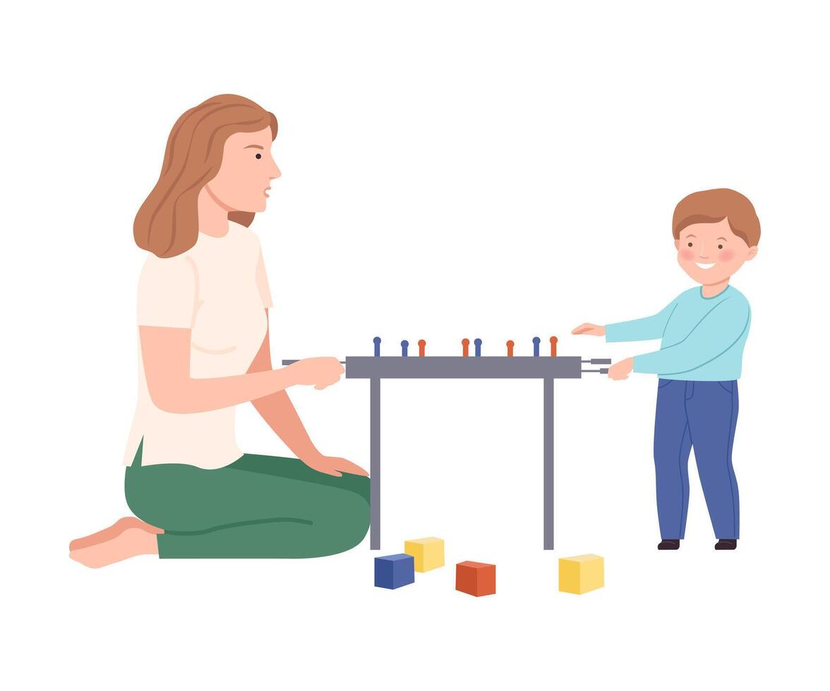 Mom and son playing soccer board game together. Family spending time together and gaming cartoon illustration vector