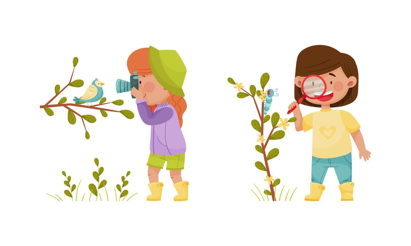 Cute kids exploring animals in forest or park set. Nature lovers photographing and looking through magnifying glass cartoon illustration vector