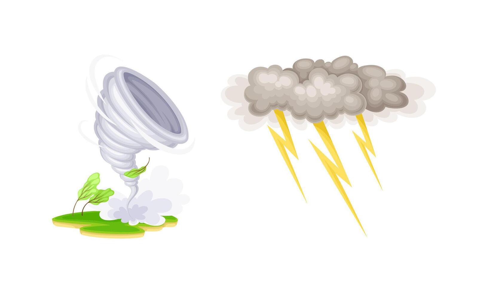 Natural disasters set. Tornado and thunderstorm cartoon illustration vector