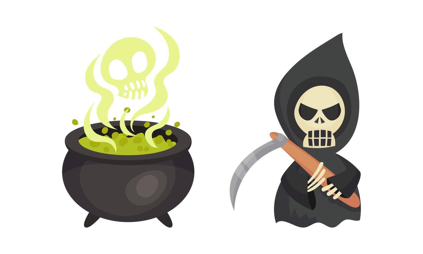 Boiling Cauldron with Green Poison and Death with Scythe as Halloween Holiday Symbol Set vector