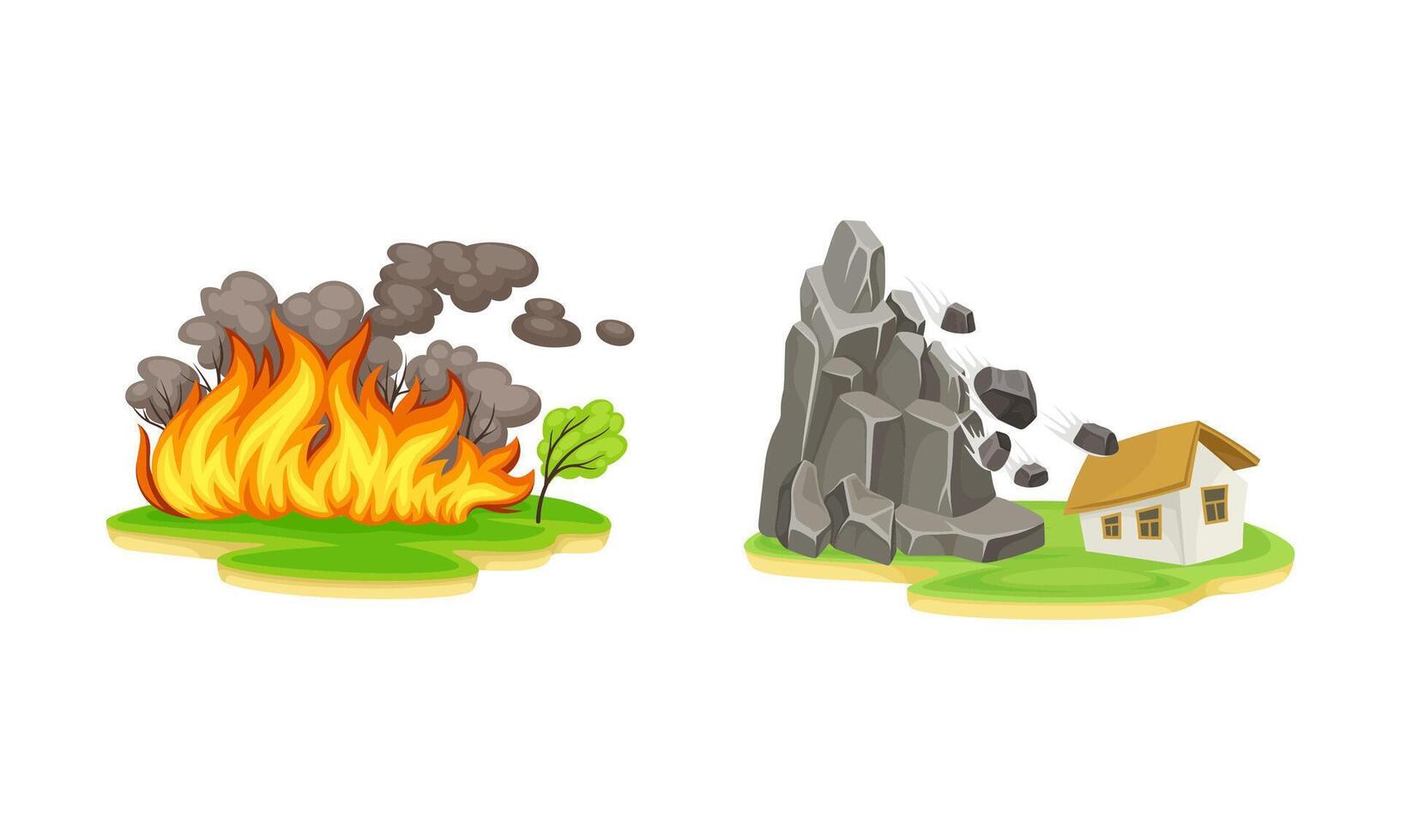 Natural disasters set. Forest fire and rockfall cataclysms cartoon illustration vector