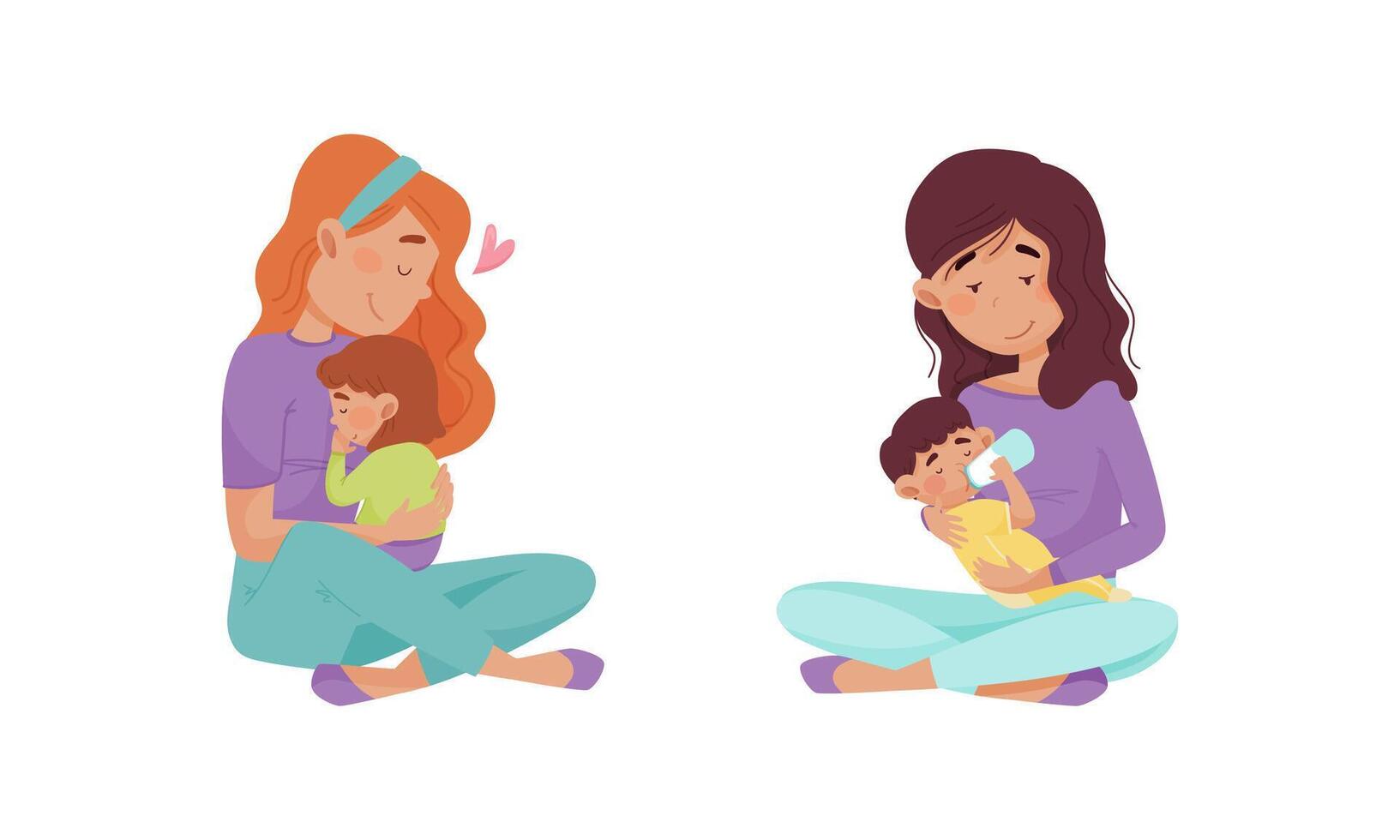 Mom hugging toddler baby set. Happy mothers sitting on floor and feeding their little kids cartoon illustration vector