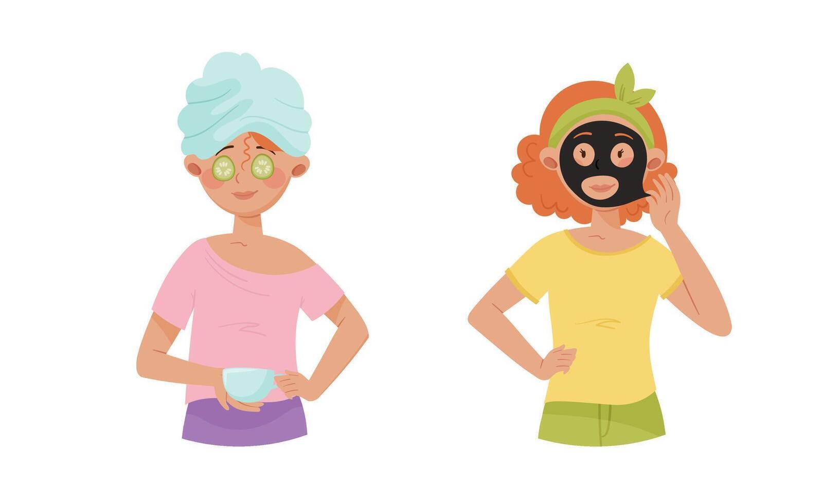 Facial treatment procedures set. with towel on her head and round slices of cucumber in her eyes, girl applying charcoal face mask cartoon illustration vector