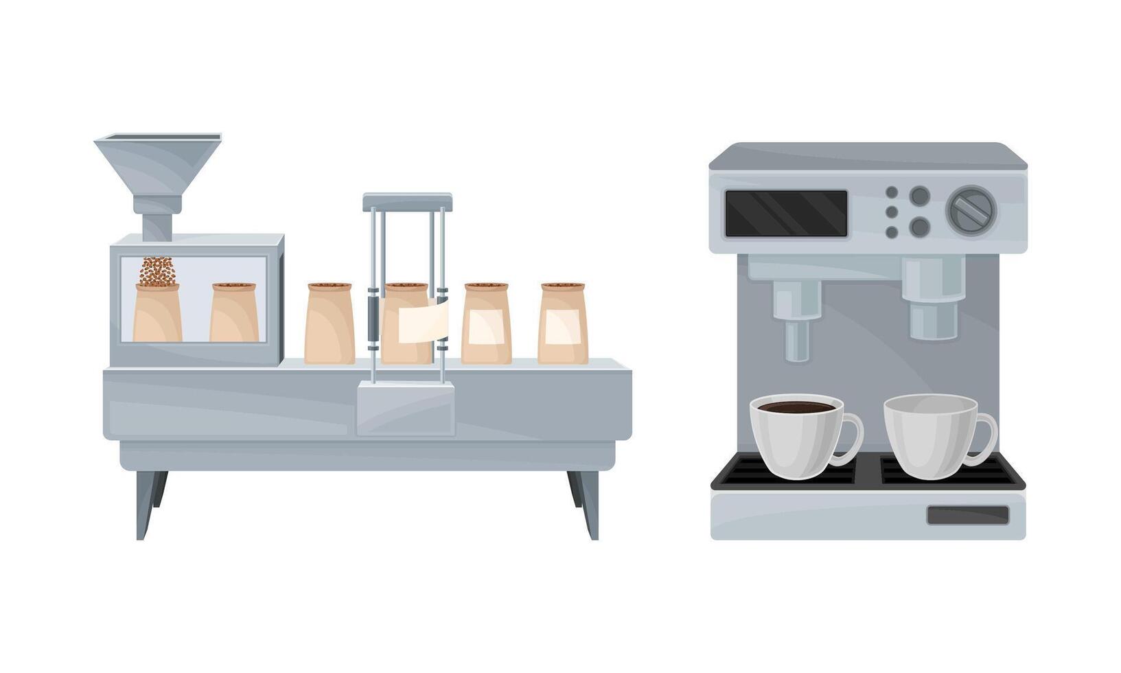 Coffee industry production set. Packing machine and coffee maker illustration vector