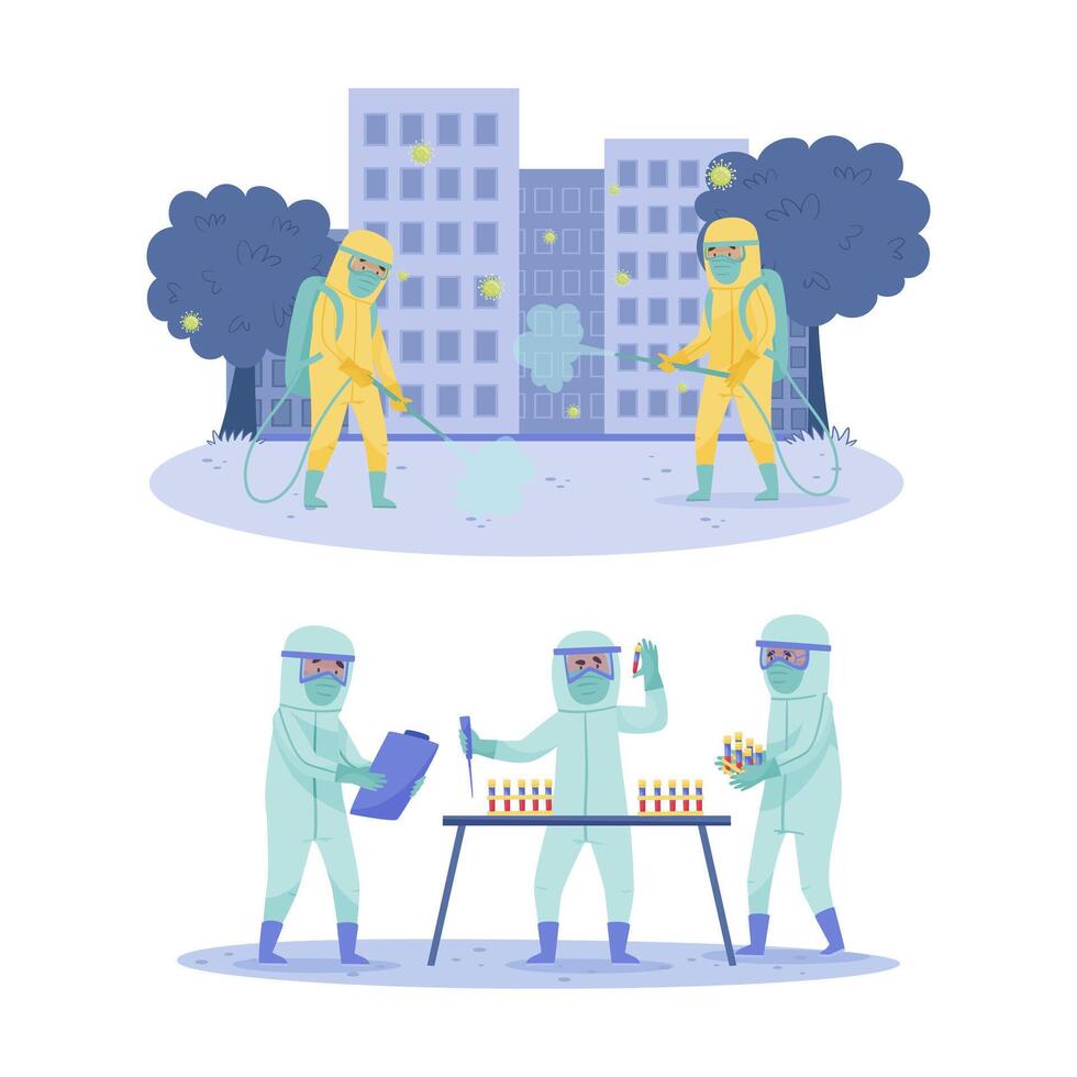 Disinfectant workers wearing safety protection suit disinfecting street. Scientist doctors analysing and doing medical research in laboratory cartoon illustration vector