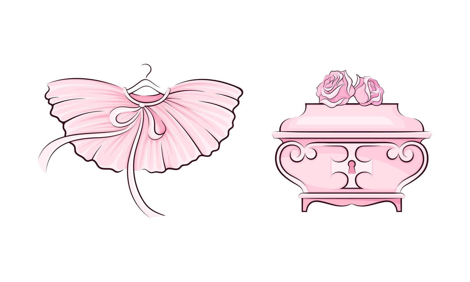 Ballerina accessories set. Pink box and ballet skirt hand drawn illustration vector