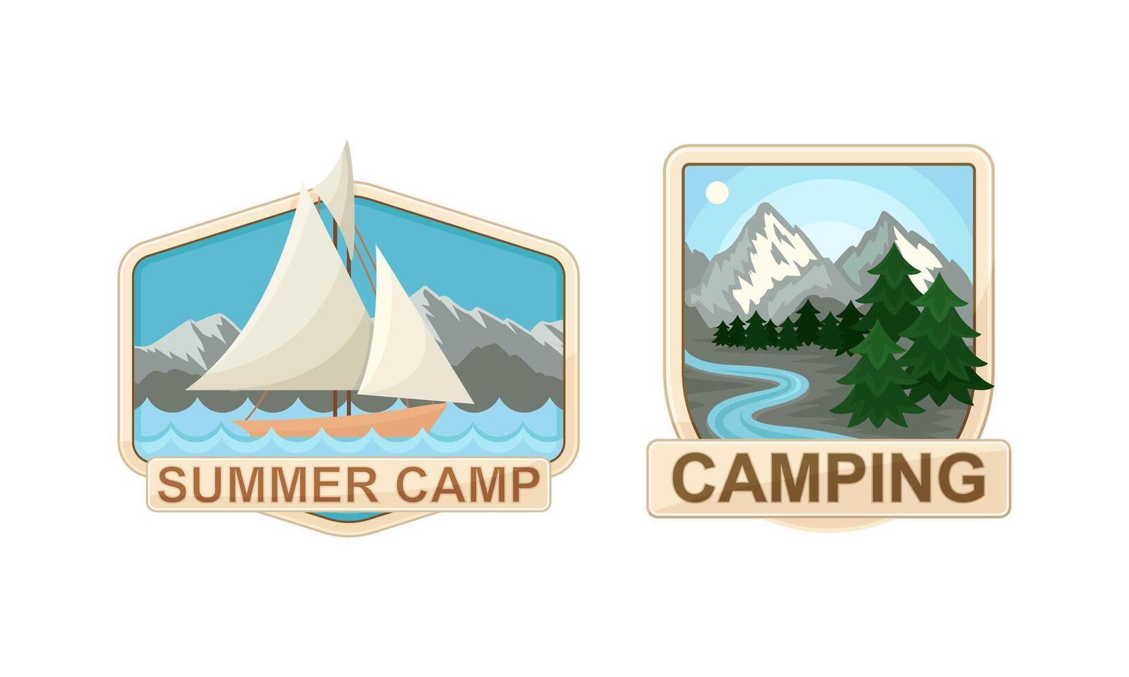 Camping and Outdoor Exploration Badge with Sailing Ship and Forest Scene Set vector