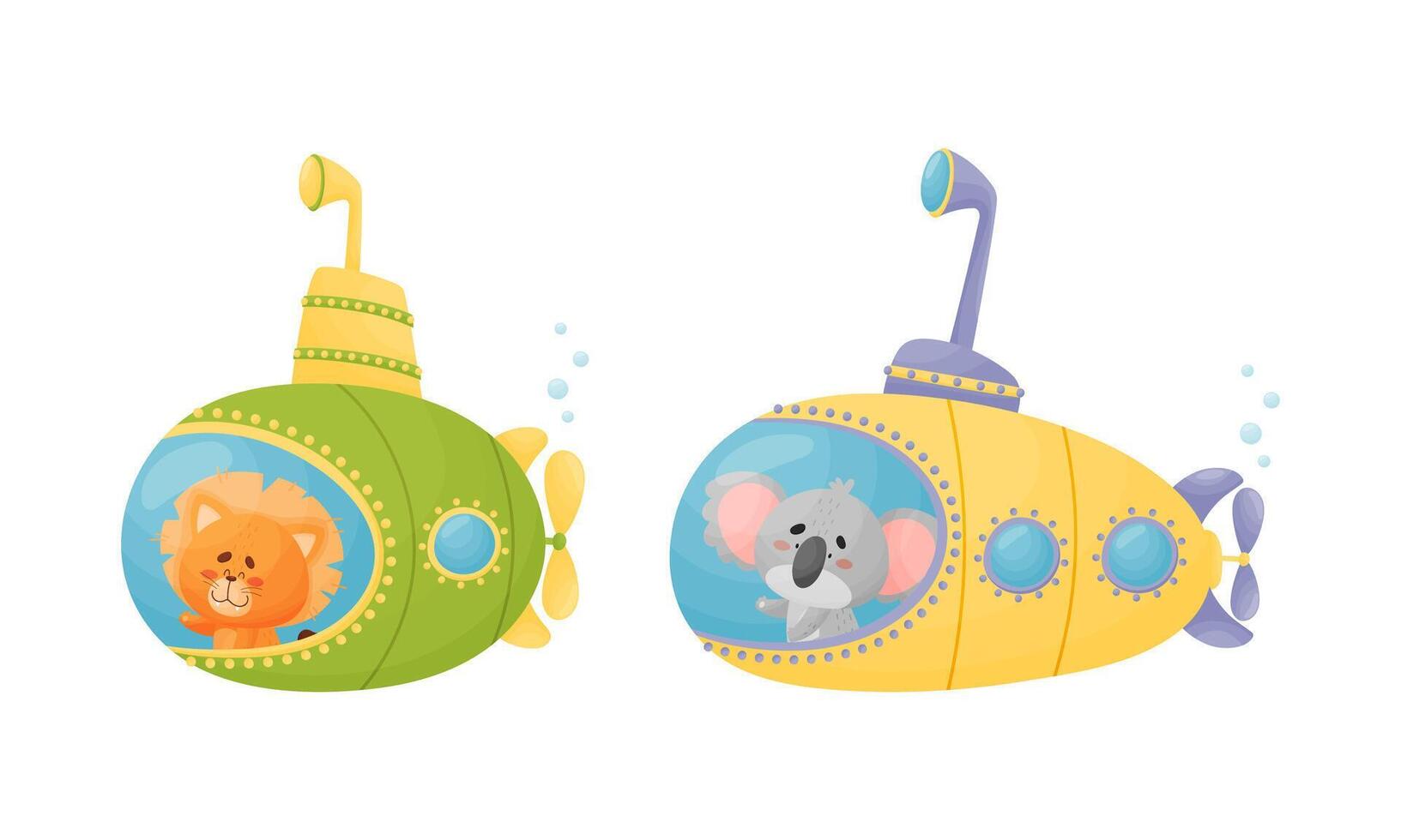 Funny Animal Character Swimming Underwater on Submarine Set vector