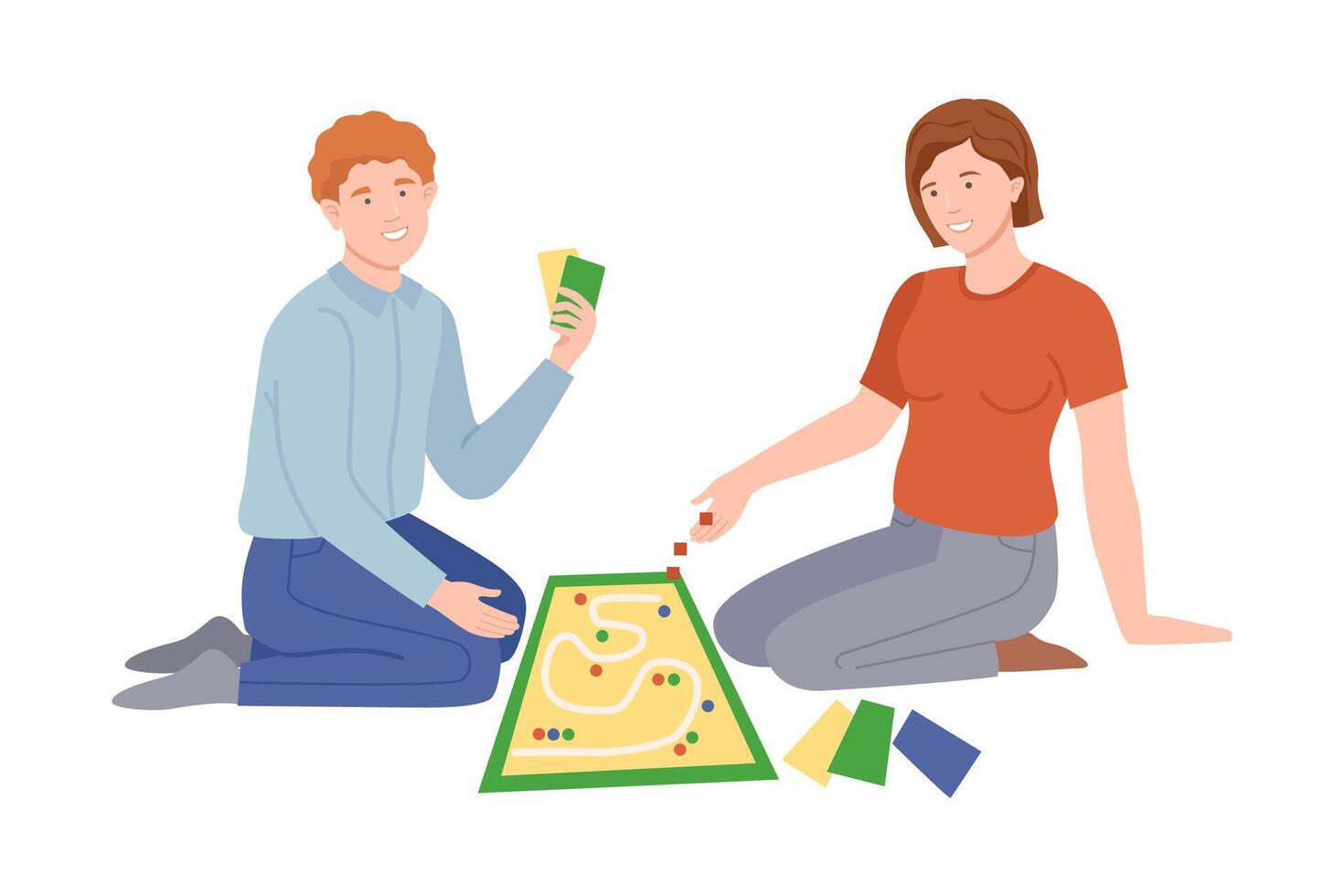 Family couple sitting on floor and playing board game. People spending pastime together at home cartoon illustration vector