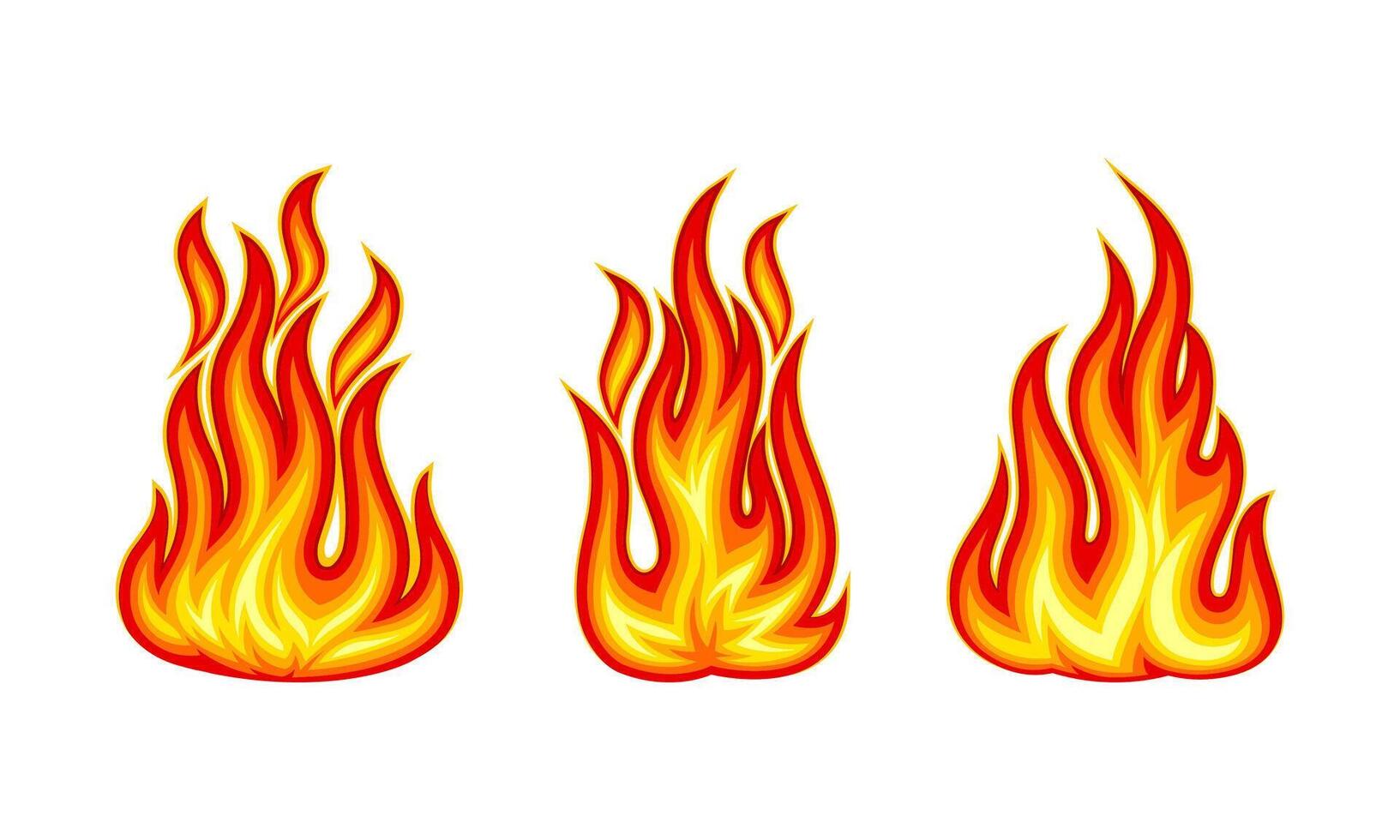 Burning bonfires set. Bright red and orange fire flame illustration on white background vector
