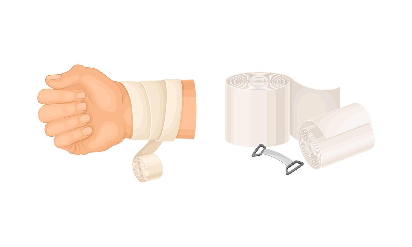 First aid for wound. Medical bandage wrapped around hurt human hand illustration vector