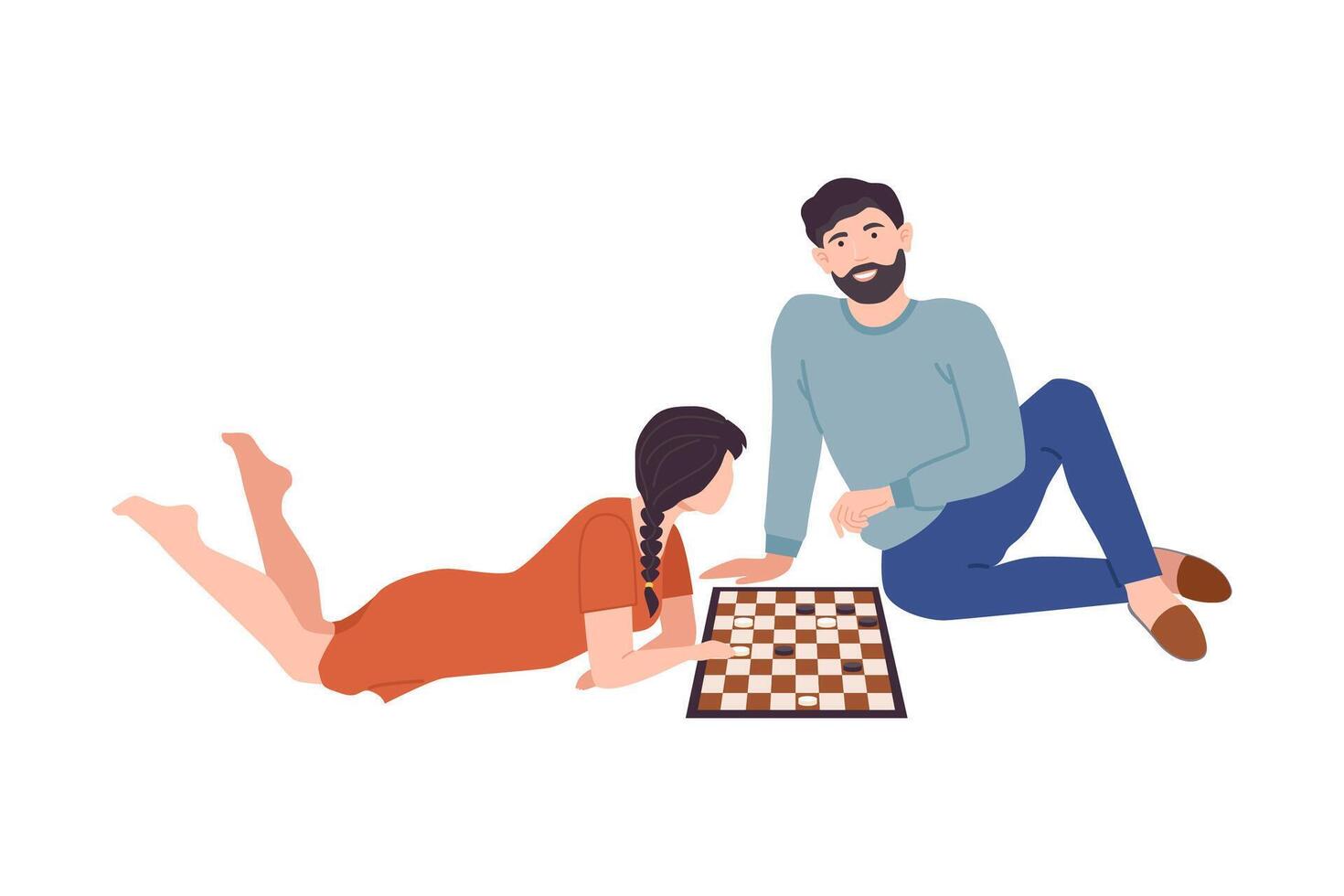 Couple sitting on the floor and playing checkers. Family playing board game together cartoon illustration vector