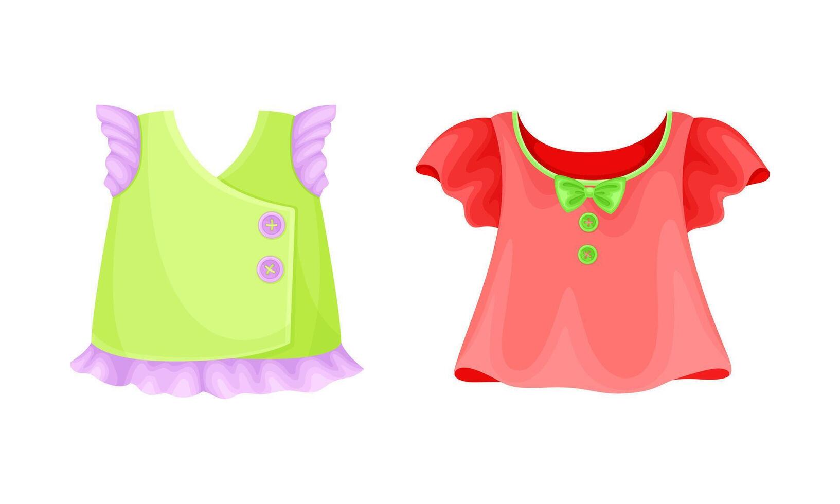 Summer clothes for little girl set. Red and green cotton blouses cartoon illustration vector