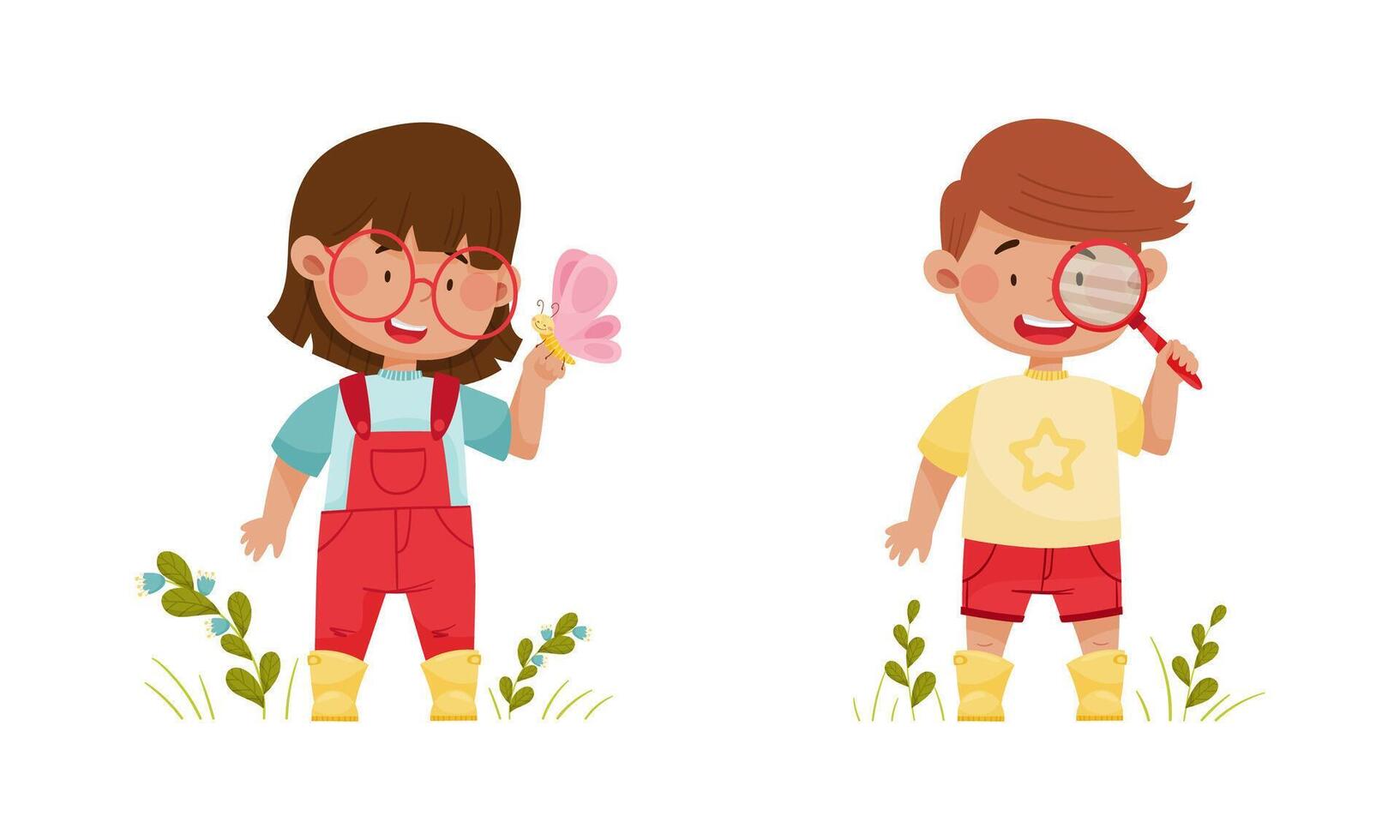 Cute kids exploring insects in forest or park set cartoon illustration vector