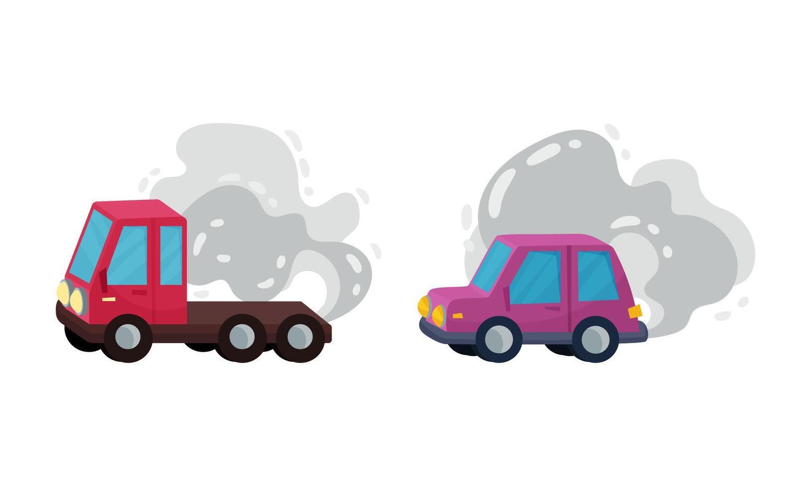 Car and Motor Road Vehicle Emitting Exhaust Gas Contaminating Air Set vector