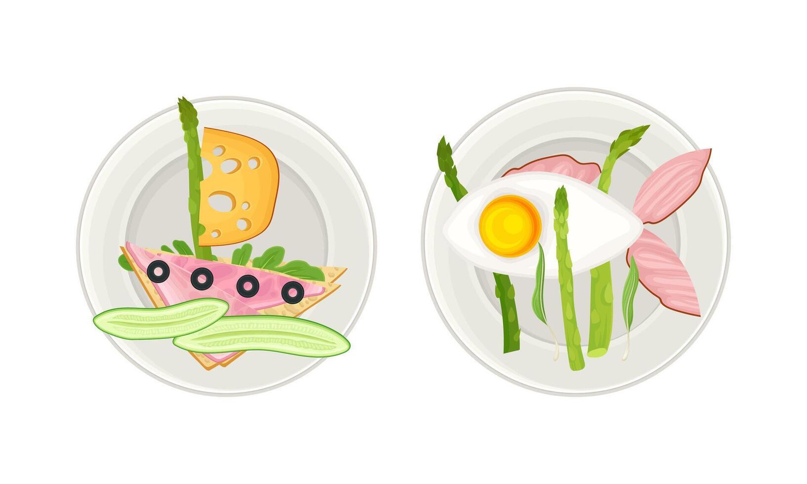 Creative meal dishes for kids served on plates set. Serving Ideas for healthy breakfast cartoon illustration vector