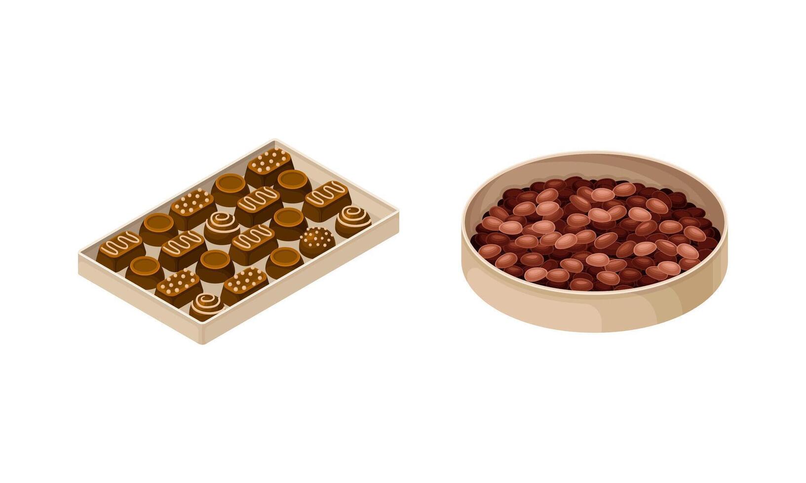 Chocolate candies and cocoa beans. Chocolate production illustration vector