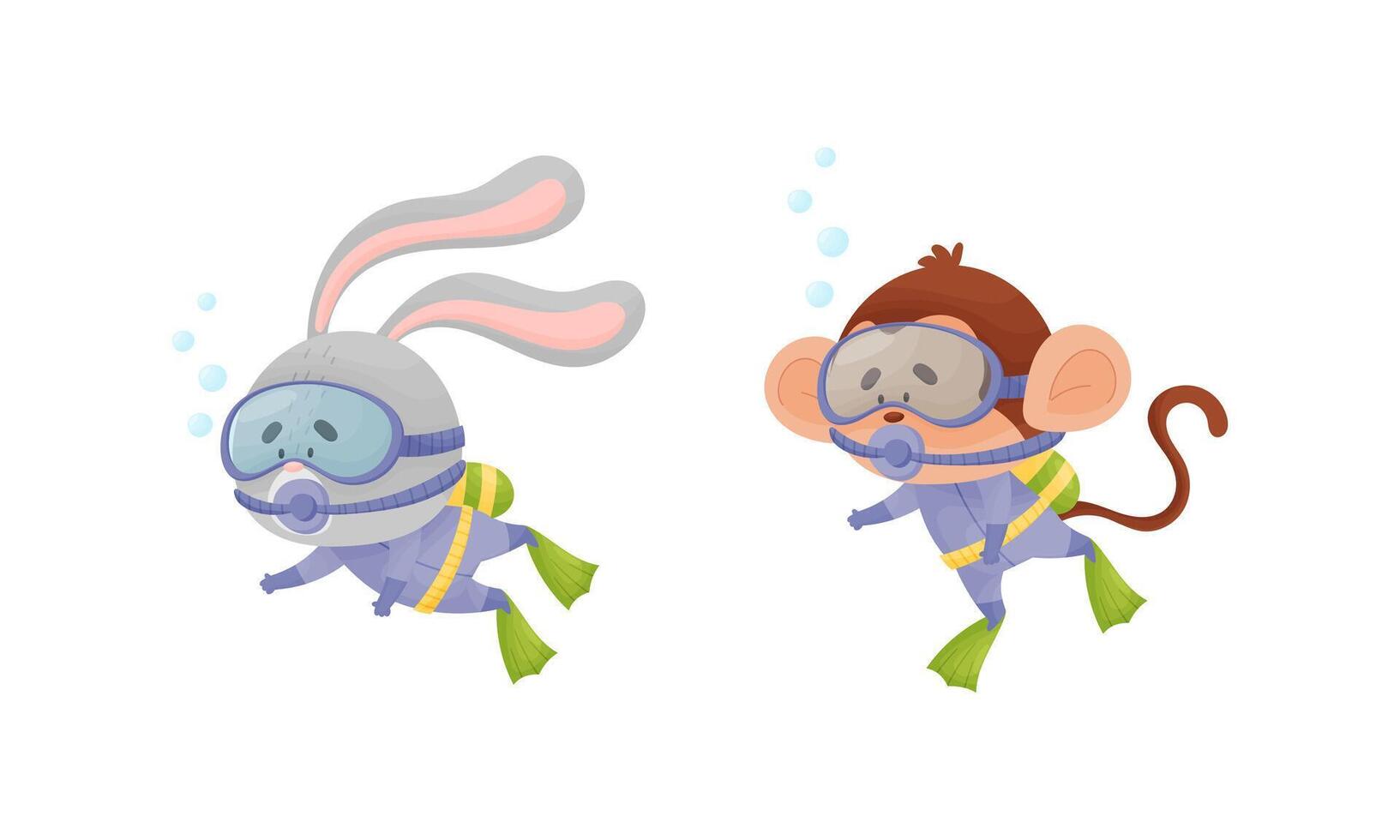 Funny Animal Character Snorkeling and Swimming Underwater in Goggles and Flippers Set vector