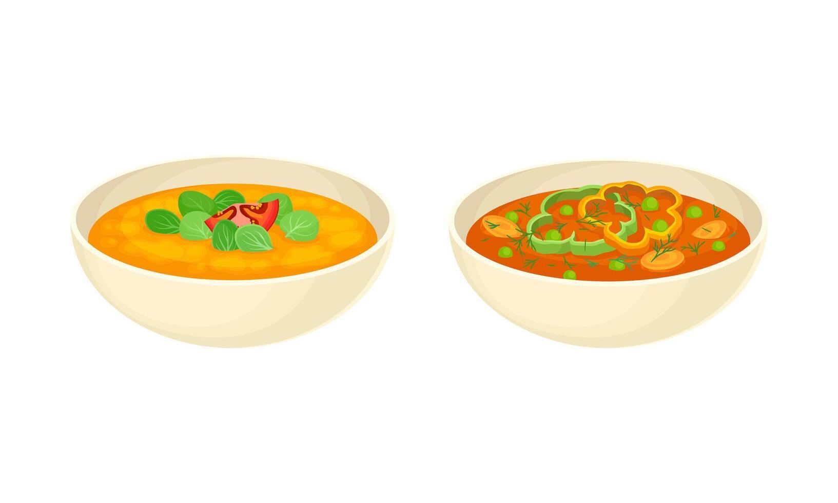 Served on Plate Dish with Creamy Vegetable Soup with Green Pea and Tomato Set vector
