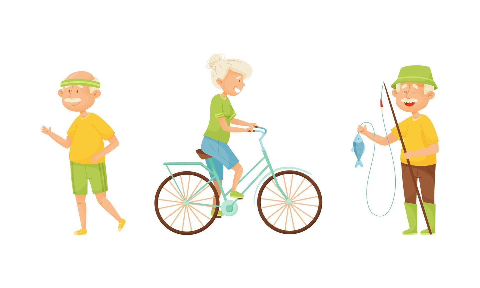 Set of elderly people enjoying various hobbies. Senior men and women running, cycling, fishing illustration vector