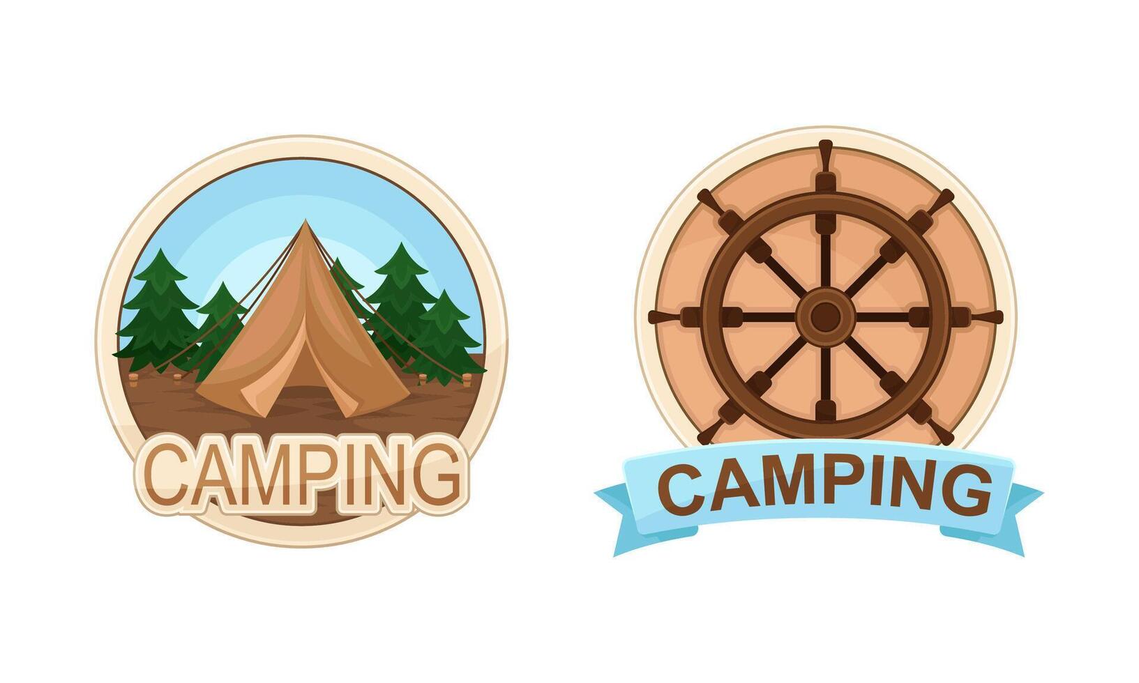 Camping and Outdoor Exploration Badge with Tent and Steering Wheel Set vector