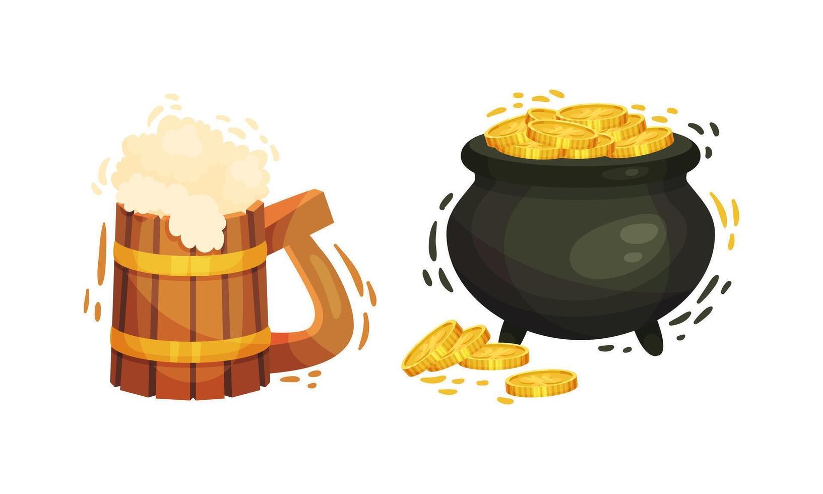 Happy Saint Patrick Day set. Mug of beer and cauldron of golden coins, traditional symbols of Irish holiday cartoon illustration vector