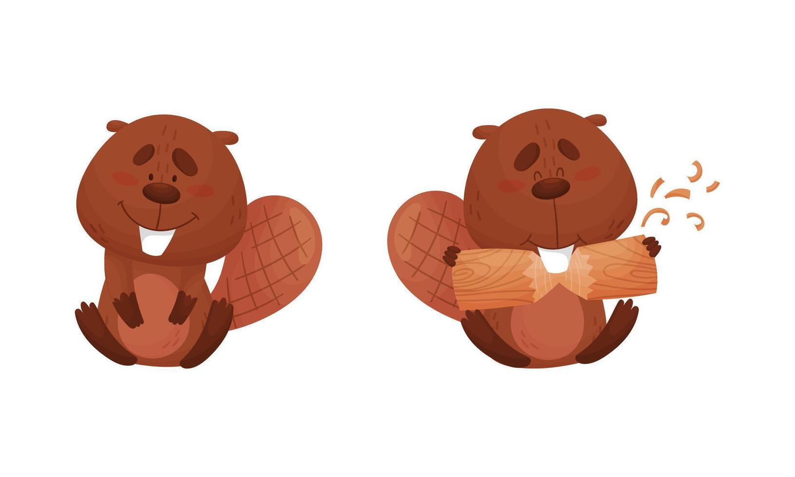 Funny Beaver Character with Flat Tail Sitting and Gnawing Log Set vector