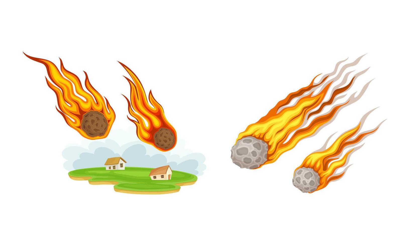 Natural disasters set. Falling meteorits cartoon illustration on white background vector