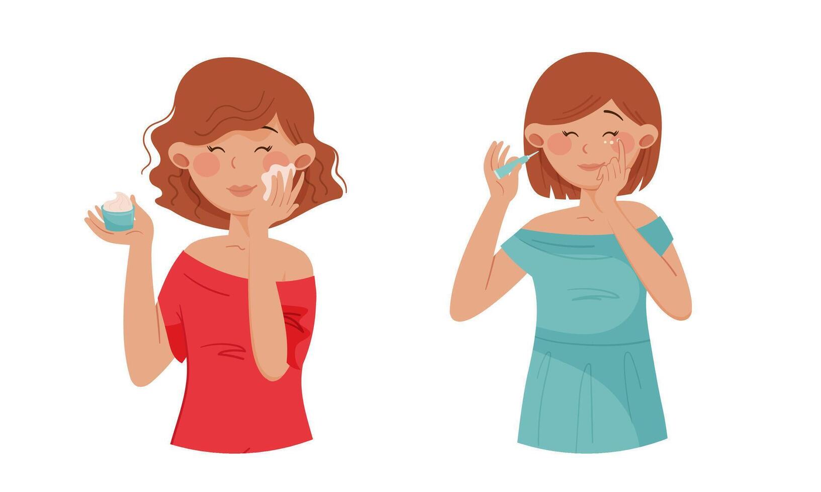 Facial treatment procedures set. Beautiful young woman applying cream and serum on her face cartoon illustration vector