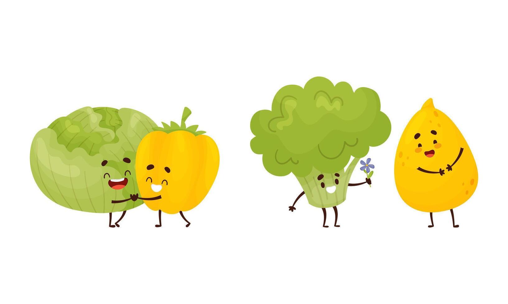 Cute Fruit and Vegetable Couples Dancing and Giving Flower Set vector
