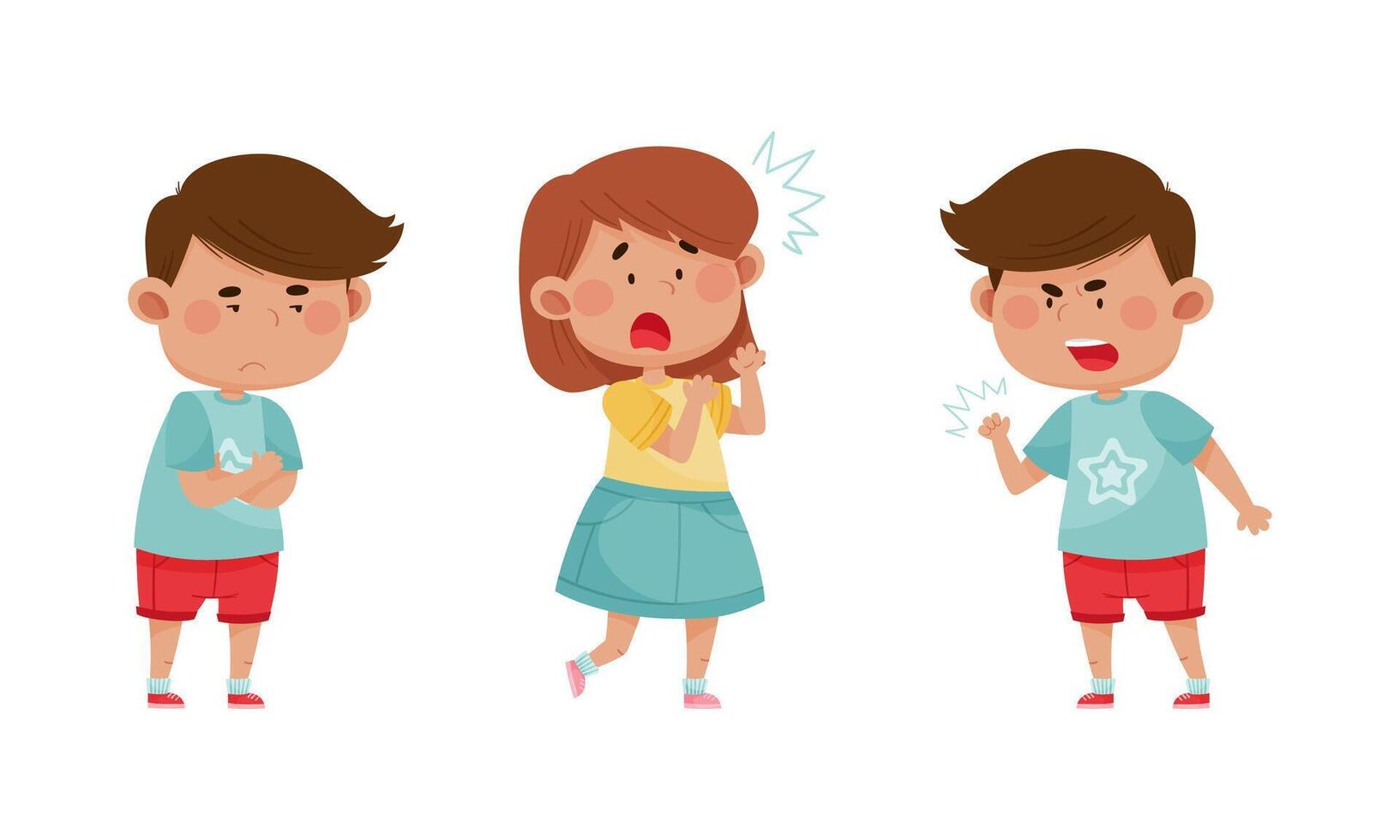 Cute kids emotions set. Children with different face expressions. Offended, scared, angry boys and girl cartoon illustration vector