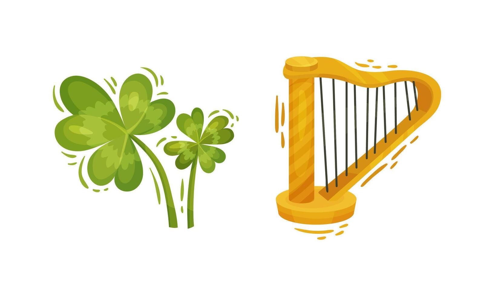 Happy Saint Patrick Day set. Three leaf clover and harp, traditional symbols of Irish holiday cartoon illustration vector