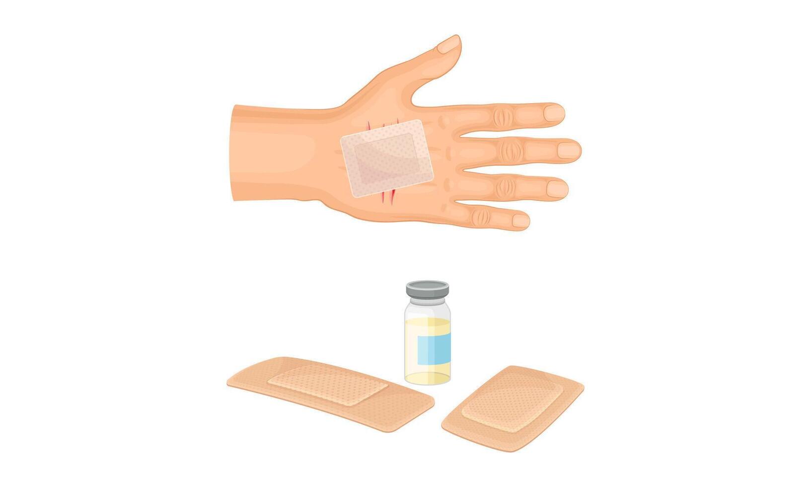 First aid for wound. Medical patch plastered on palm illustration vector