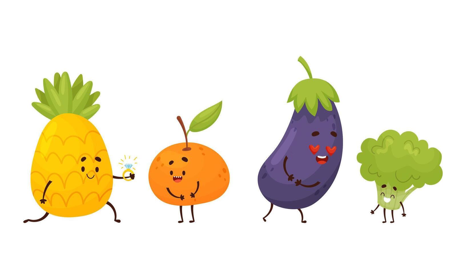 Cute Fruit and Vegetable Couples Proposing with Ring and Smiling Set vector