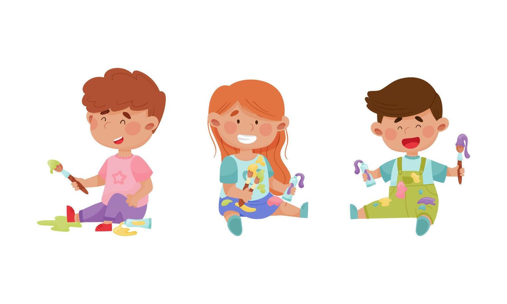 Cute happy creative boys and girl in stained clothes painting with paints and brushes set cartoon illustration vector