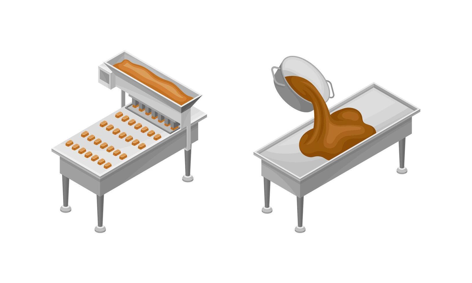 Chocolate production equipment set. Conveyor belt with sweets rested on It illustration vector