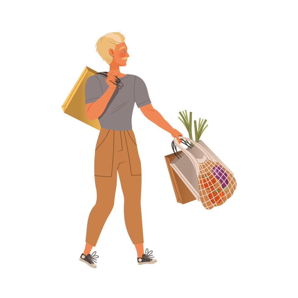 Man carrying bags with grocery products. Househusband doing everyday routine cartoon illustration vector